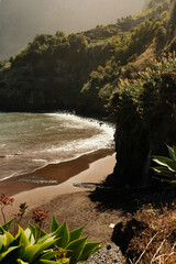 Fototapeta premium Tranquil cliffside retreat featuring lush greenery and scenic