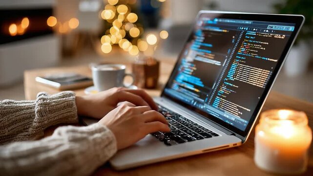 Coding at Home: Hands type on laptop keyboard, programming code displayed. the scene suggests a cozy home office setup, with warm lighting and the soft glow of a candle. 
