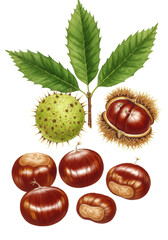 detailed watercolor botanical illustration of glossy sweet chestnuts, an intricate spiky open burr, and emerald leaves isolated on a bright white background. concept of historical botanical elegance