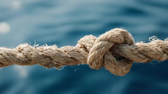 Macro View of a Tan Nautical Rope Knot Against a Blurry Dark Blue Water Background Creating an Abstract and Detailed Still Life Scene