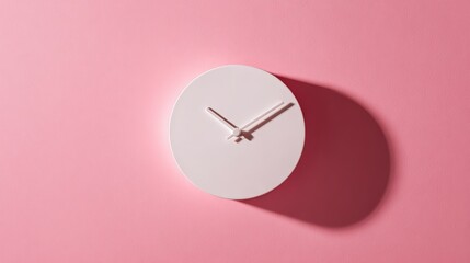 Simple white clock on a pink wall, casting a shadow. Time ticks on.