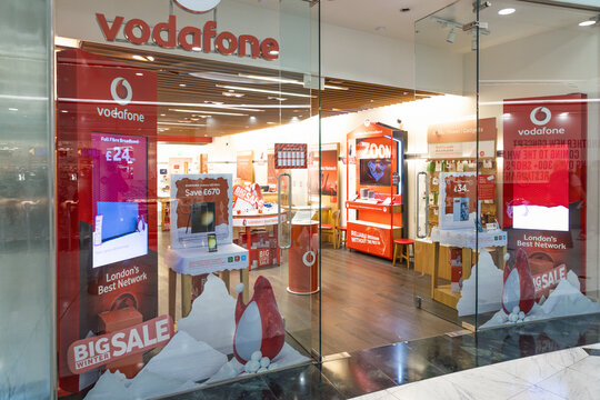 Vodafone Retail Store Front in Shopping Mall. London, UK, 24 December 2023
