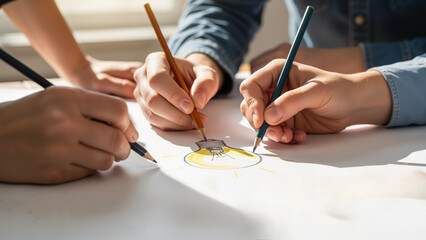 Creative hands drawing a light bulb illustration with colored pencils on a white paper