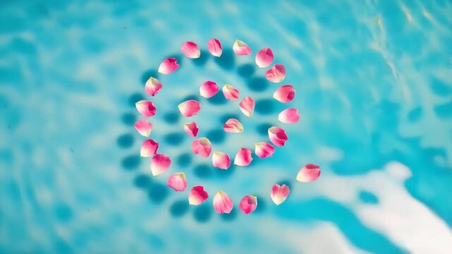 Delicate pink rose petals forming a spiral pattern on rippling blue water