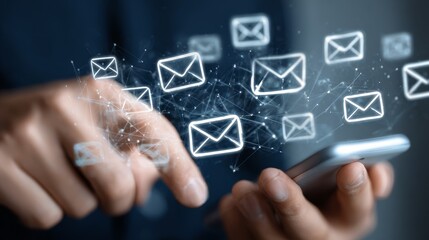 Global mail communication concept showing message connection between mailing contacts and smartphone for modern digital correspondence