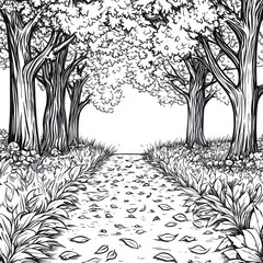 Autumn path through forest, leaves, sunlight.  Book illustration, nature