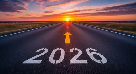 Open road ahead leading toward the bright sunrise symbolizing the journey toward the year 2026 and future opportunities