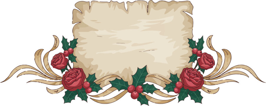 Vintage scroll banner with red roses holly leaves berries ornamental gold swirl elements blank copy space
