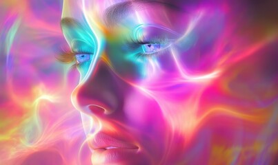Colorful ethereal face blending with vibrant, glowing, dreamy abstract lights.