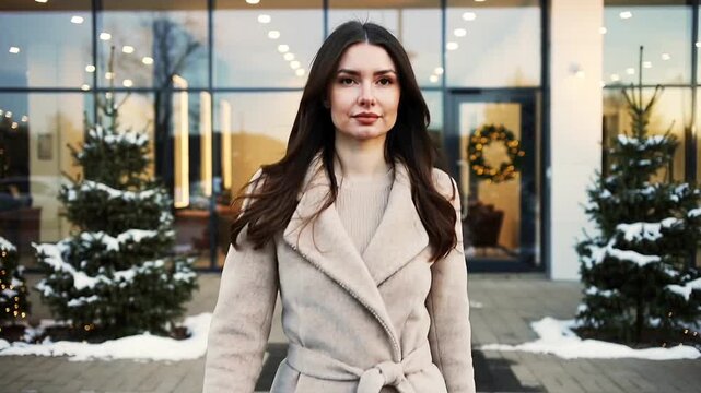 young woman in winter clothes walking in the city street with cristmas desing trees