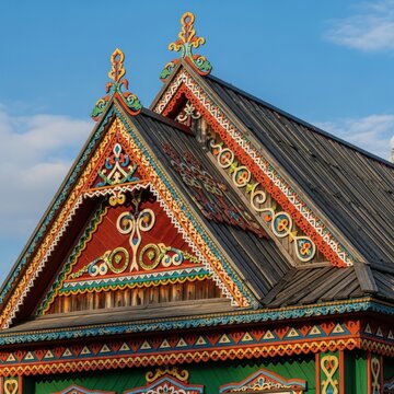 Elaborate traditional wooden rooftop with colorful ornamentation against a serene sky