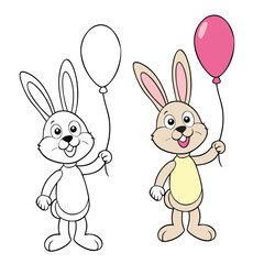 Obraz premium A cute little rabbit holds a pink balloon, standing happily with a sweet smile. Simple outlines and charming details make this coloring page perfect for kids and creativity.