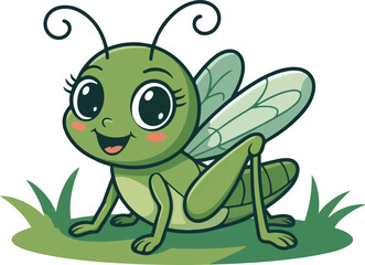 Cute little cartoon grasshopper character sitting happily on green grass adorable insect illustration on transparent background