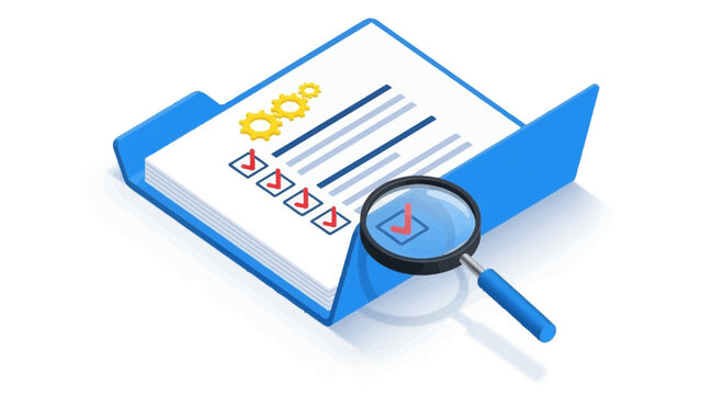 Isometric checklist review with magnifying glass and gears symbolizing process optimization