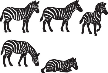 Obraz premium Black and White Zebra Vector Silhouette Set