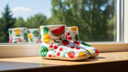 Colorful fruit pattern baby booties on sunny window sill