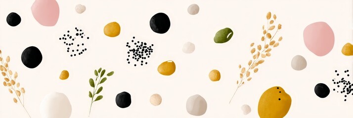 Abstract pastel composition with colorful dots and natural elements on light background