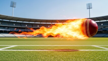 Fiery cricket ball speeds across green stadium field in bright sunlight