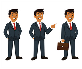 Illustration of a male businessman character shown in three different poses. Suitable for presentations, marketing materials, educational content, and various professional design projects that require
