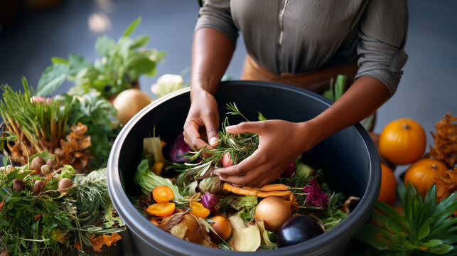 Making compost from organic waste in the garden. A woman stirs waste in a wooden compost bin with a pitchfork. Using kitchen waste to make compost. Increasing the fertility and aeration of the soil.