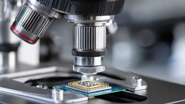 Microscope and Processor: A detailed view of a state-of-the-art microscope analyzing a microchip. This image symbolizes scientific advancements, technological innovation.