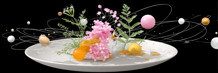 Abstract floral and culinary art composition with orbiting elements