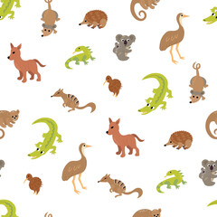 Australian Animals Seamless Pattern Illustration. Emo, crocodile, echidna, kiwi, dingo, monitor lizard