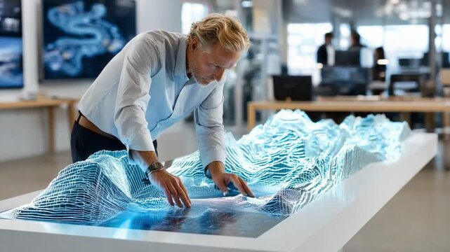 Focused Inquiry: An astute individual meticulously examines a complex, high-tech display, possibly engaging with intricate data visualizations or interactive mapping in a futuristic setting. 