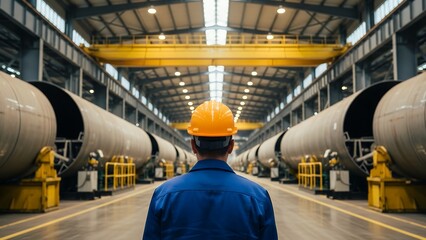 Worker in safety helmet stands in modern factory aisle with equipment