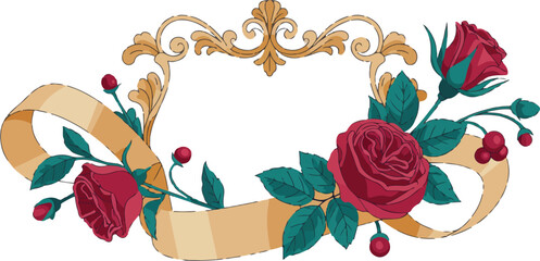 Elegant baroque golden frame with red roses and flowing ribbon vector illustration on transparent background