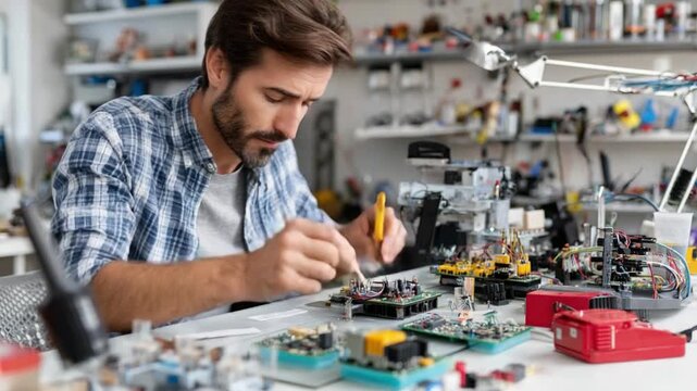 Engineering Precision: An engineer focused meticulously, engrossed in assembling intricate electronic components in a cluttered workshop. This image illustrates expertise and concentration.