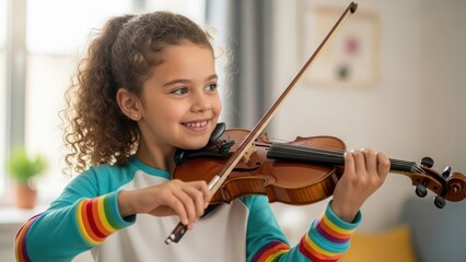 Fototapeta premium Smiling young caucasian female child playing violin in bright room