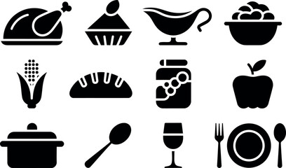 Collection of food icons including turkey pie and apple