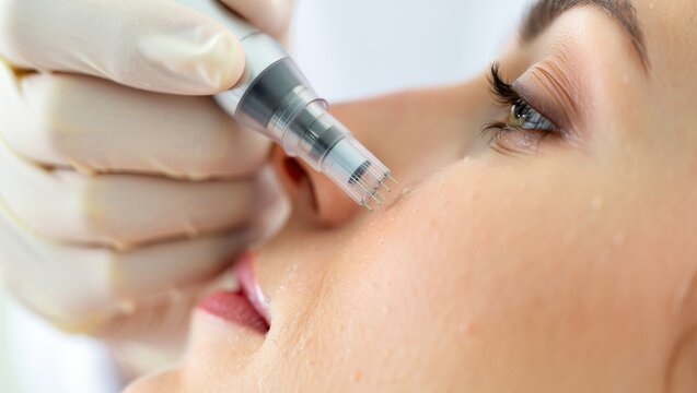 Extreme close-up of a professional cosmetologist performing a microneedling skin treatment on a Caucasian woman's face using a dermapen under bright soft natural light