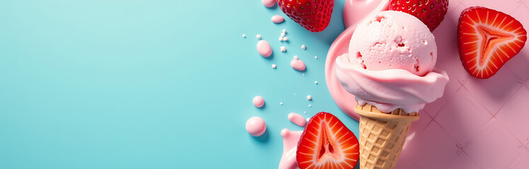 trendy summer design featuring swirly pattern pink strawberry ice cream brilliant light blue background bathed