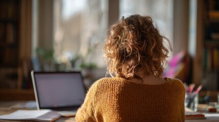 back view portrait of a woman multitasking on a laptop and notebook indoors, calm workspace atmosphere with empty space for text or design