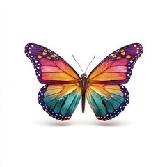 Colorful butterfly with vibrant gradient wings from purple to green, adorned with intricate white and yellow spots, elegantly posed on a clean white background.