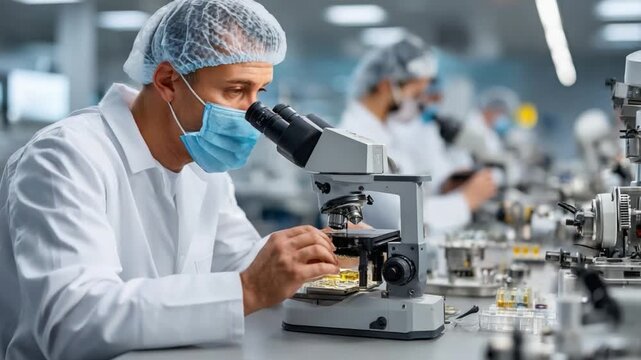 Microscope Discovery: In a sterile laboratory setting, a focused scientist peers intently into a microscope, symbolizing the quest for knowledge and scientific progress.