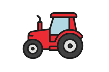 Stylized side view of a bright red agricultural tractor isolated on white