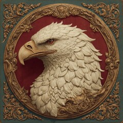 Majestic White Eagle Bust in Ornate Golden Bas-Relief Sculpture, set against a Regal Crimson Texture and framed by Intricate Teal and Gold Classical Scrollwork.