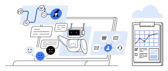 Business automation, AI technology, data analysis, customer service, communication trends, workflow management. Digital chatbot with speech bubbles and icons. Business automation and AI technology