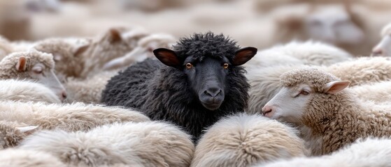 Black sheep stands out in a flock of white sheep in a rural setting during daylight, showing uniqueness in the midst of uniformity