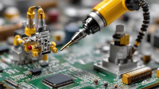 Precision in Automation: A close-up view of a robotic arm delicately assembling electronic components on a circuit board, showcasing the intricate precision and advanced technology.