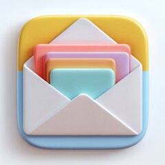 Vibrant 3D illustration of an open mail envelope revealing a neat stack of rounded, colorful pastel cards, ideal for illustrating digital correspondence, fresh ideas, or organized content.