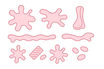 Various pink chewing gum splatters and sticky residue shapes isolated on white background