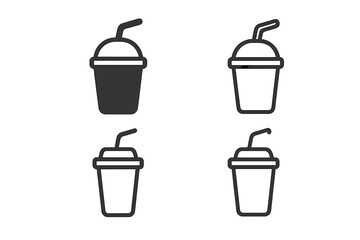 Set of disposable plastic cups with dome lids and straws in outline and filled styles