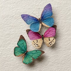 Vibrant textured butterflies: A stunning trio in blue, pink, beige, and green hues, artfully arranged on a textured canvas, celebrating nature's delicate beauty.