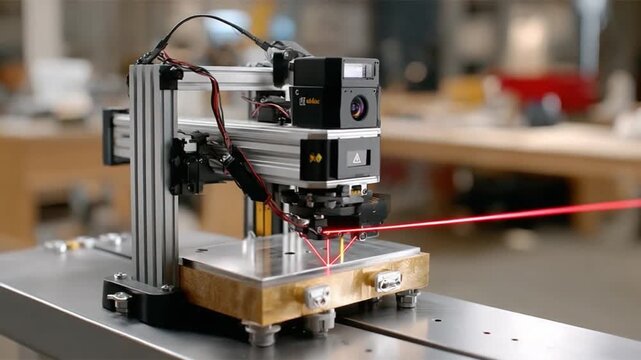 Precision Machine in Action: A cutting-edge precision machine, its intricate framework highlighted by a striking red laser beam, poised in a state-of-the-art laboratory environment.
