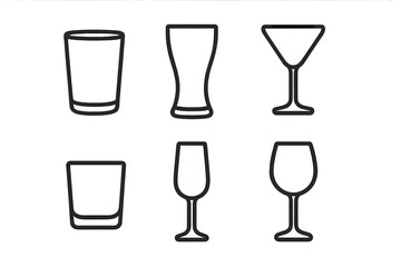 Set of minimalist black outline style symbols representing various types of beverage glasses and drinkware