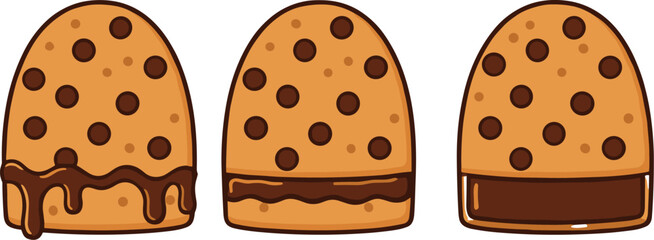 Set of Three Chocolate Chip Sandwich Cookies Vector Illustration, Featuring Melted Chocolate Filling, Drizzle, and Detailed Sweet Snack or Dessert Graphics.
